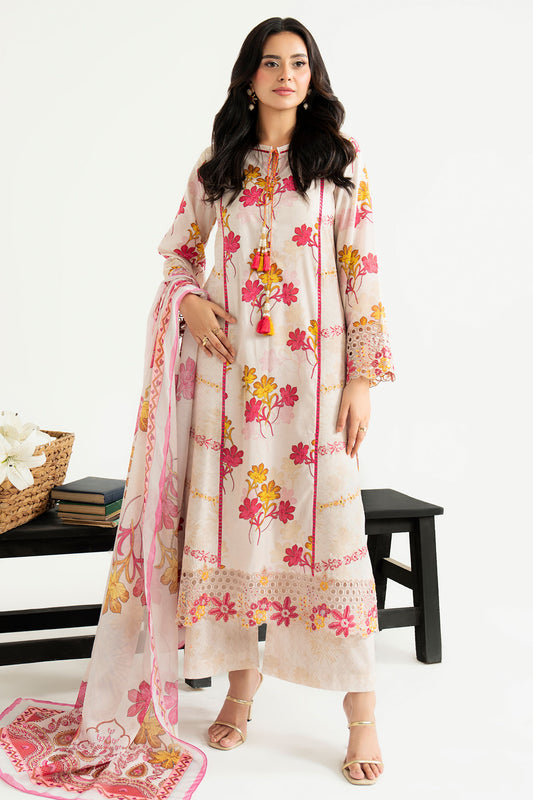 Woman wearing a floral dress with a white background