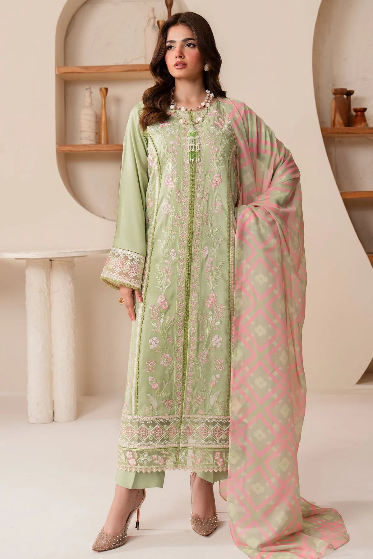 Imrozia Serene IP-161 Peony 3 piece suit in pista color with intricate embroidery and elegant design details.
