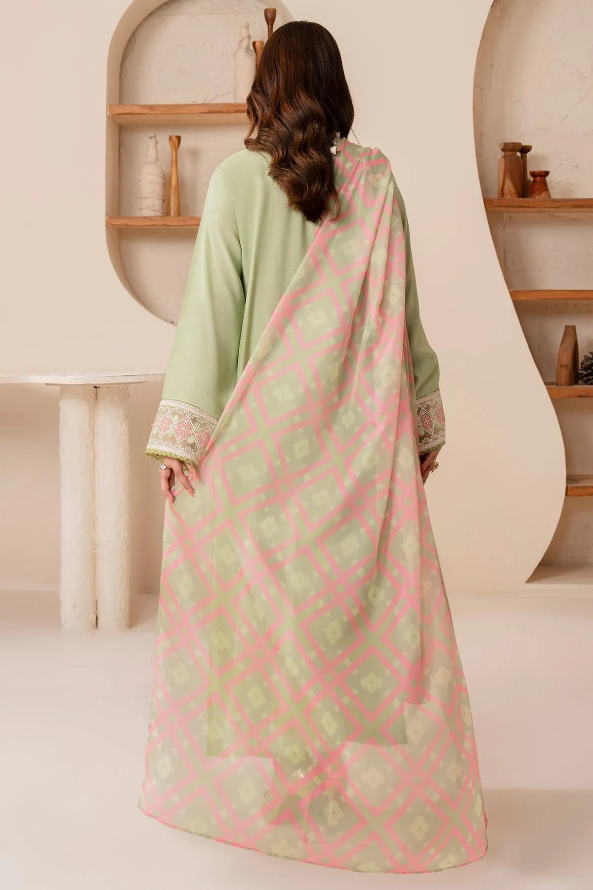 Imrozia Serene 3 piece suit in pista color featuring elegant peony design and intricate detailing.