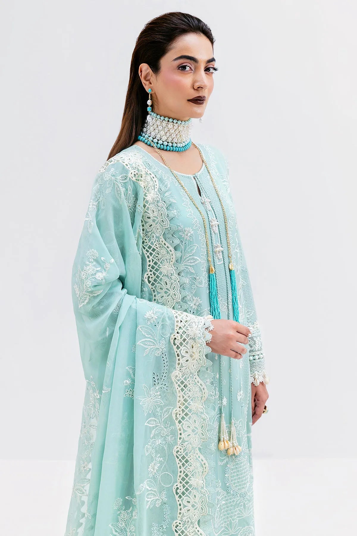 Imrozia Serene S-1087 AQUA 3 piece suit featuring a stylish top, trousers, and matching dupatta in aqua blue color.