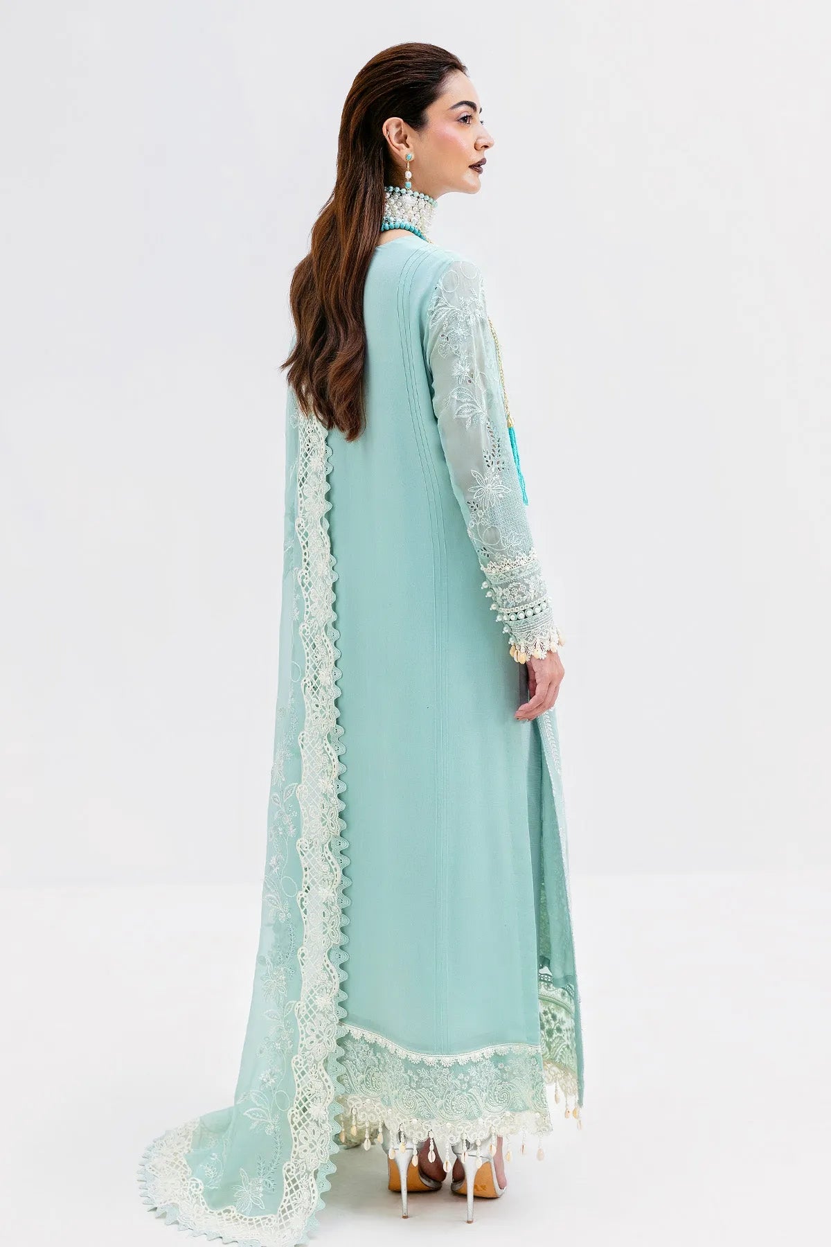 Imrozia Serene S-1087 AQUA 3 piece suit featuring elegant fabric and intricate design, showcased on a mannequin.