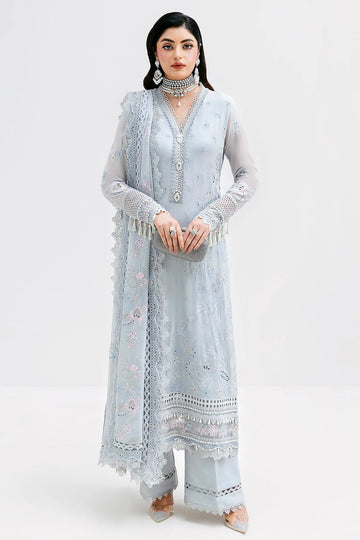 Imrozia Serene 3 piece unstitched suit in grey with intricate design, featuring fabric swatches and detailed stitching.