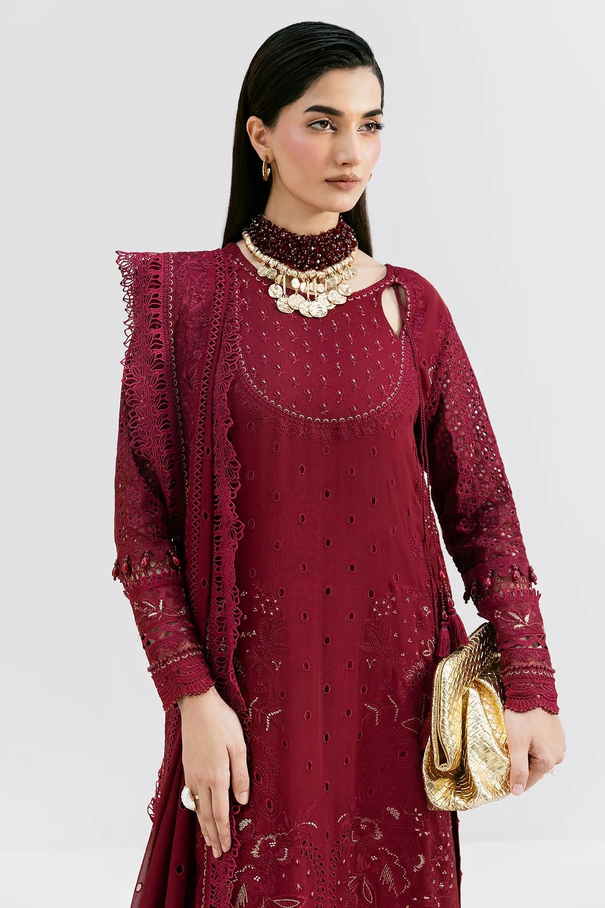 Imrozia Serene S-1089 SCARLET 3 piece suit in vibrant red with elegant design and tailored fit displayed on a mannequin.