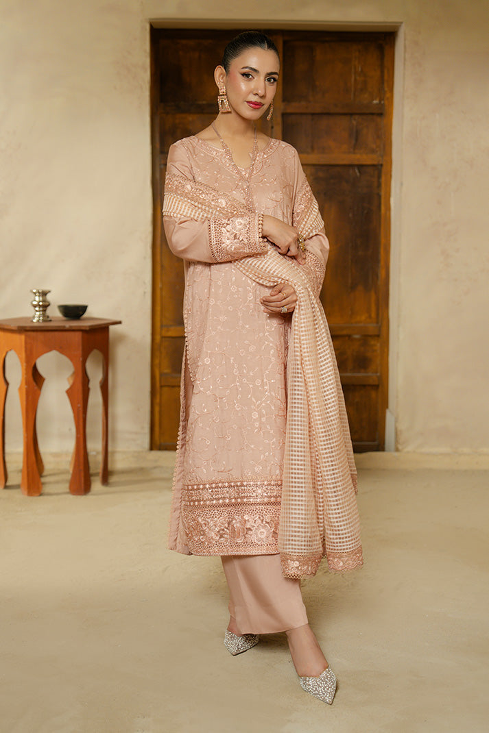 Serene premium embroidered 3 piece suit SP-133 Dewvale featuring intricate designs and elegant fabric details.