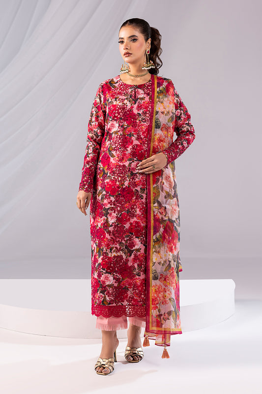 Woman wearing a red floral dress with a matching jacket on a white background