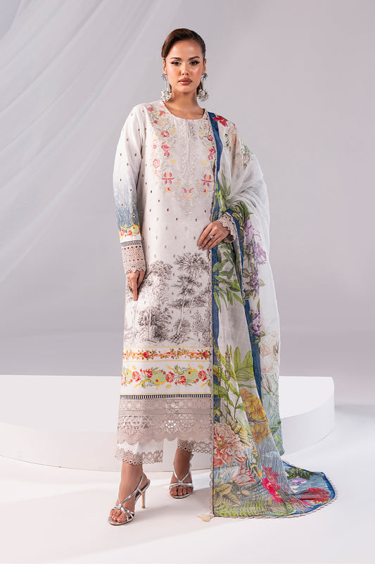Woman wearing a floral embroidered outfit with a matching dupatta on a white background