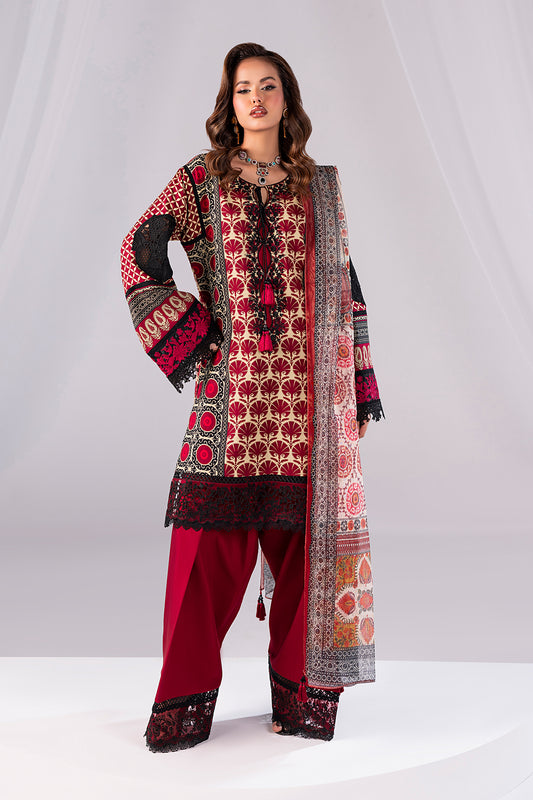 Woman wearing a traditional embroidered outfit with a red and black pattern on a white background