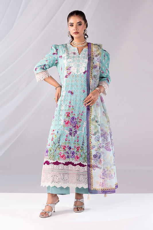 Woman wearing a floral dress with a white background