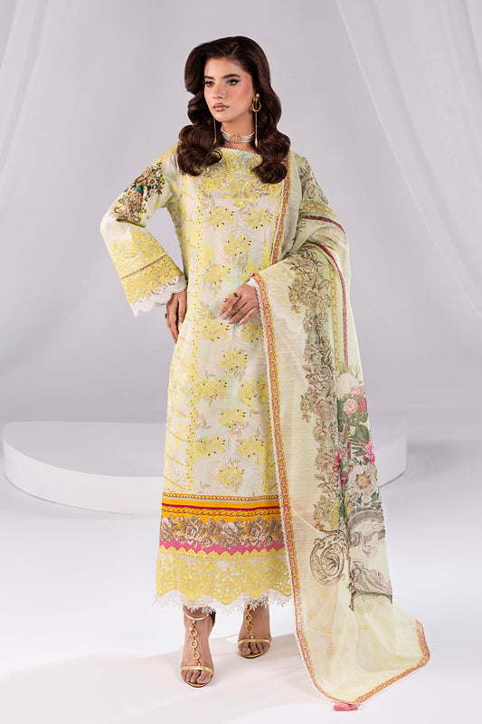 Woman wearing a traditional outfit with floral patterns on a white background