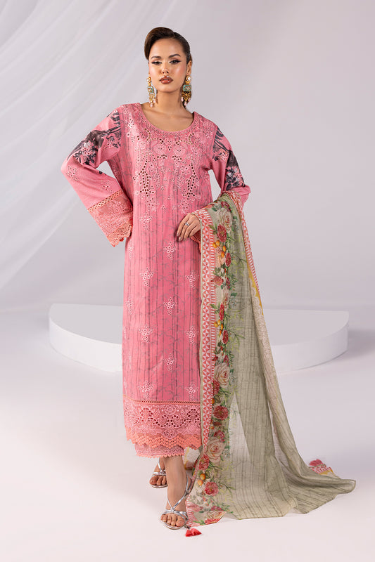 Woman wearing a pink embroidered outfit with a floral dupatta on a white background