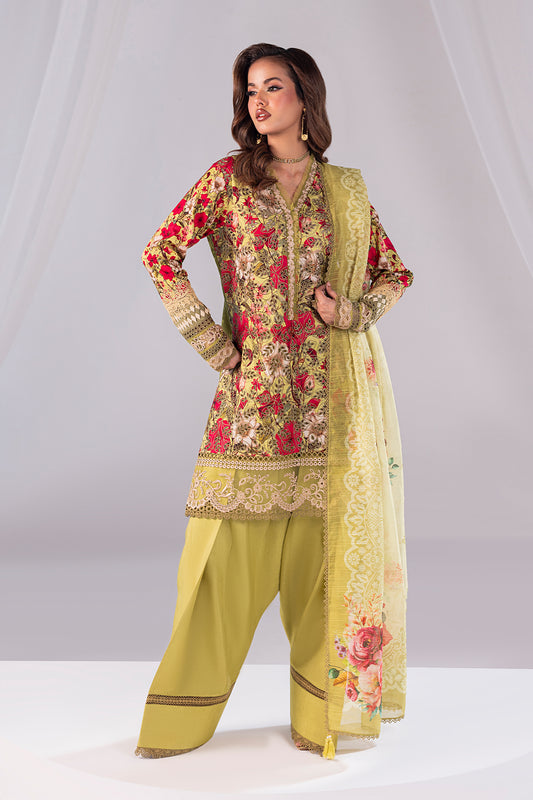 Woman wearing a traditional outfit with floral patterns on a white background